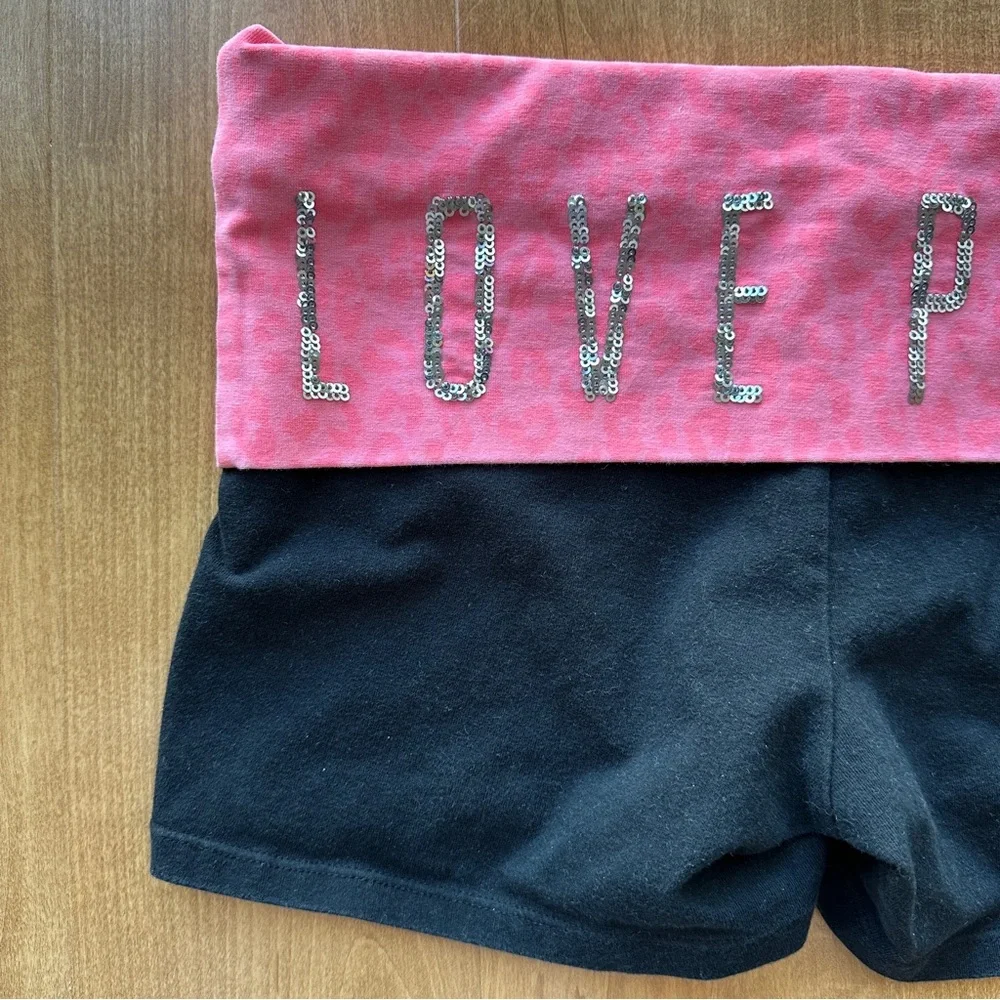 LOVE PINK Sequin Y2K Victoria’s Secret Yoga Shorts, Animal Print Folded Waist - Picture 8 of 12